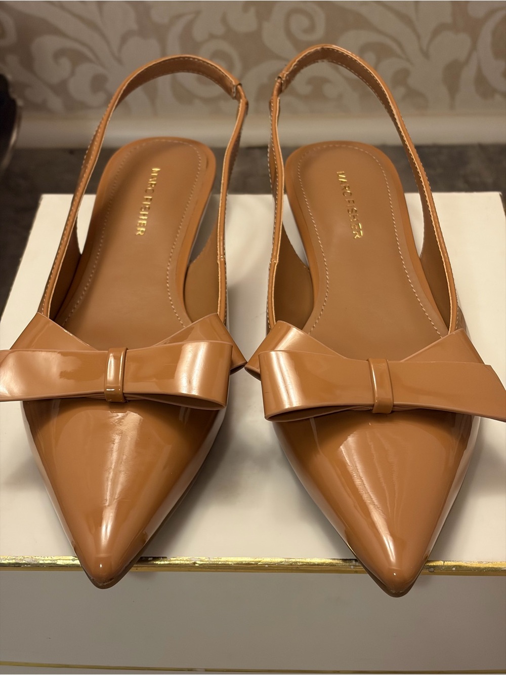 Marc Fisher Tan Patent Pointed Slingback Flats with Bow - Picture 2 of 9